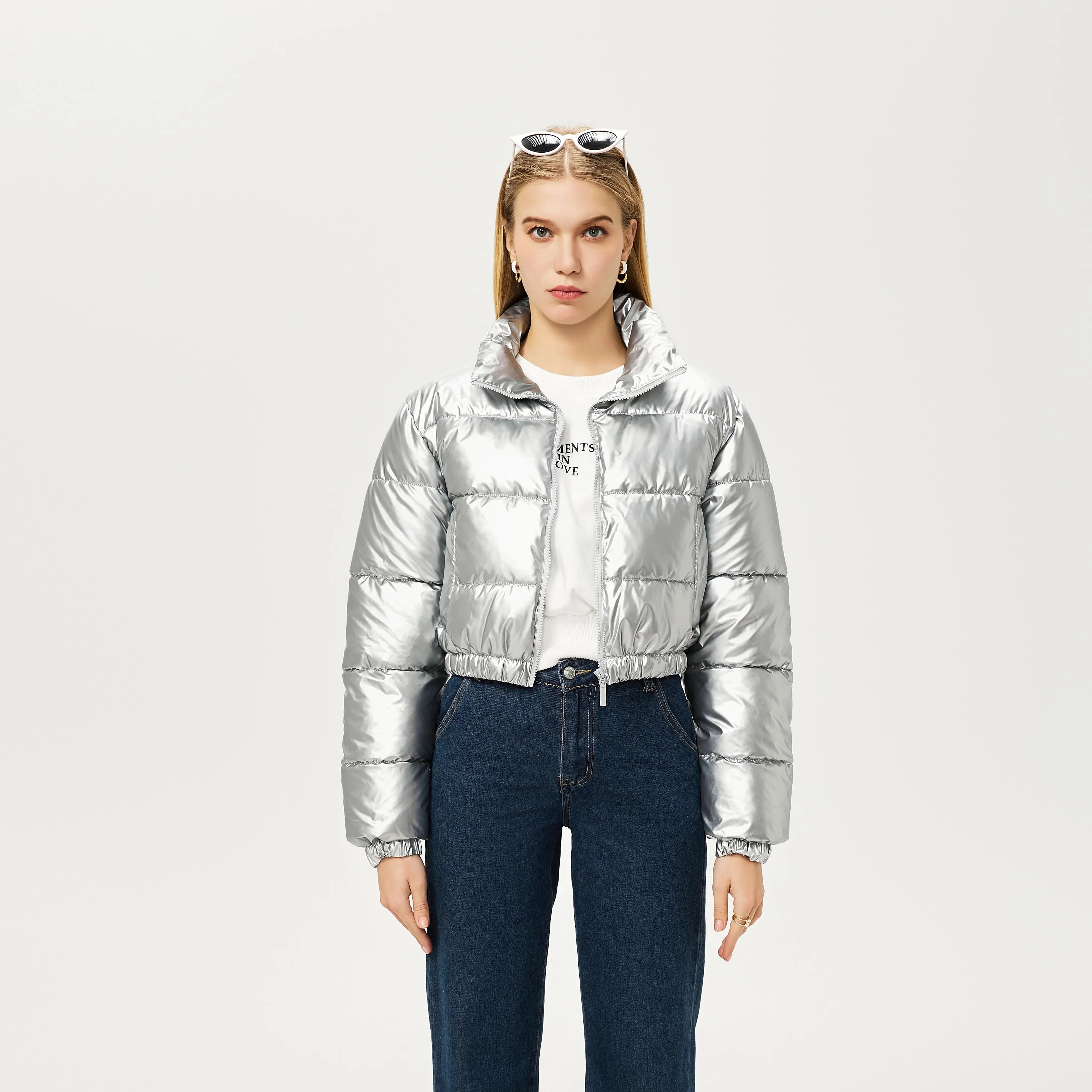 Ladies Autumn-winter New Fashion INS Cotton Casual Cropped Jacket Ladies Solid Color Silver Zipper Bubble Suit Handles Stock