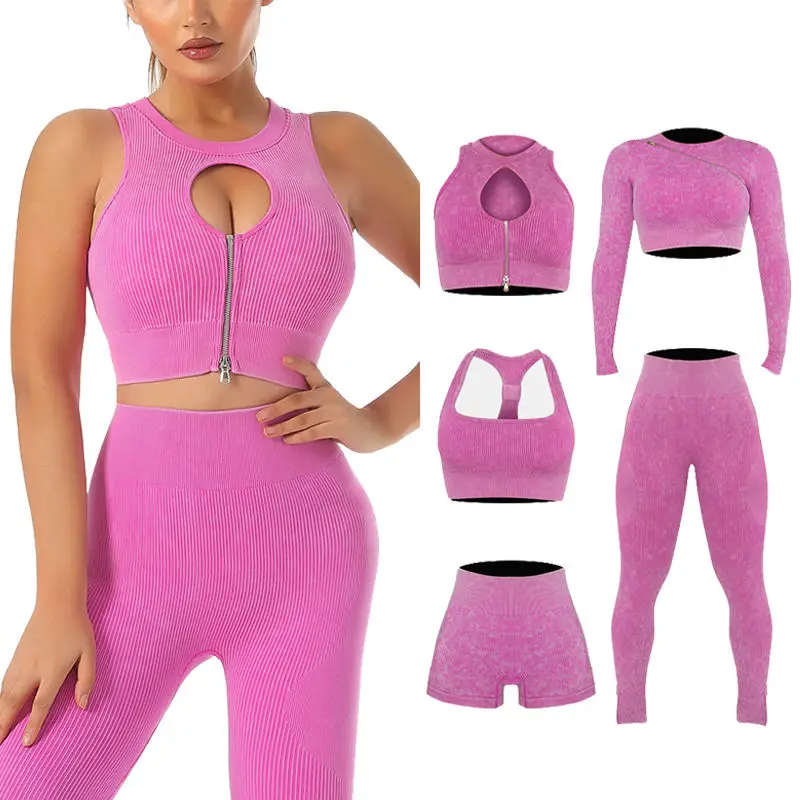 2024 Women 6 Piece Ribbed Yoga Zipper Custom Biker Running Activewear Jogger Seamless Sportswear Yoga Set Gym Fitness Sets