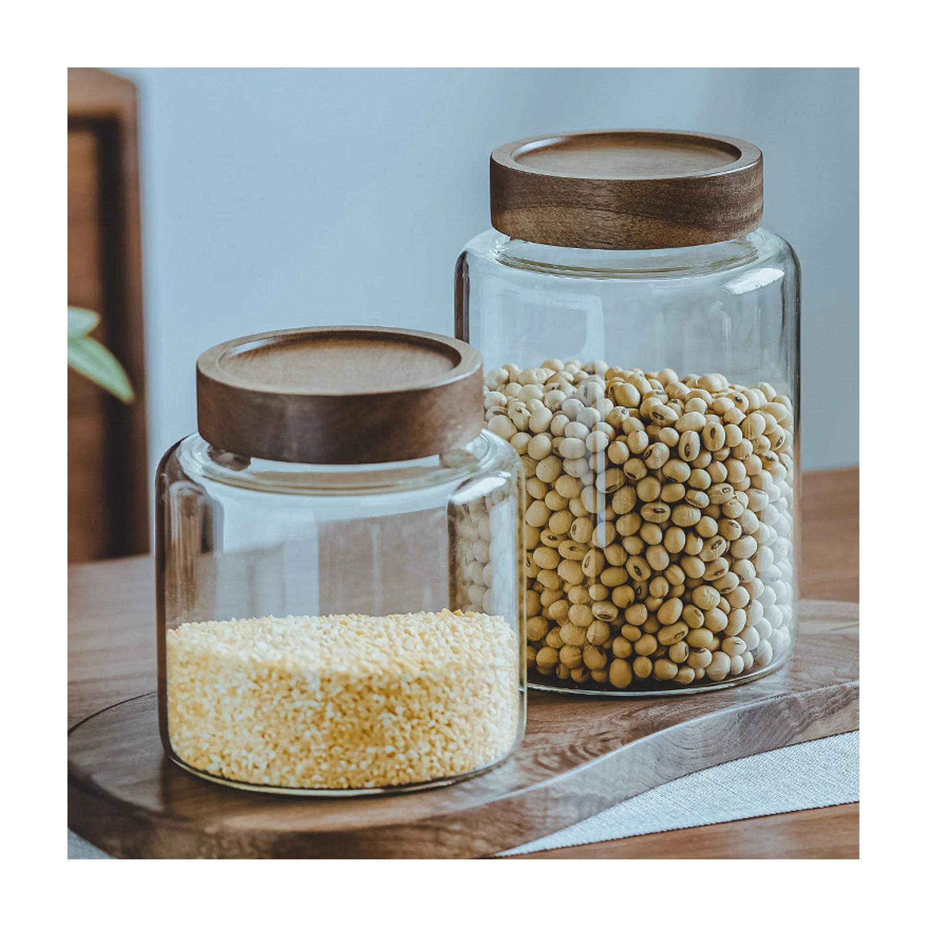 High Quality Luxurious Acacia Wood Material Kitchen Spice Storage Glass Jar with Black Wooden Lid