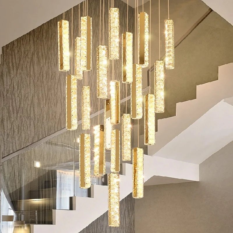 Nordic Style Drop Light Crystal Pendant Lights Luxury Long Office K9 Crystal Chandelier High Ceiling Lighting for Villa Stairs
