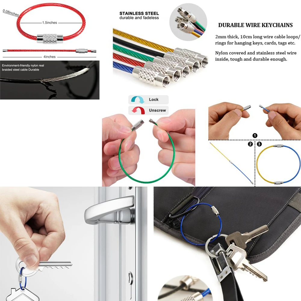 Assorted Colored Screw Locking Metal Stainless Steel Wire Cable Wire Keychain Loops 1.5 X150mm String for Luggage