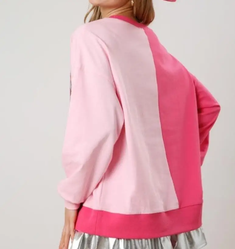 Custom Christmas atmosphere women sequin blank t shirts Sequined Boots Color Block Versatile Top Long Sleeve Sweatshirt