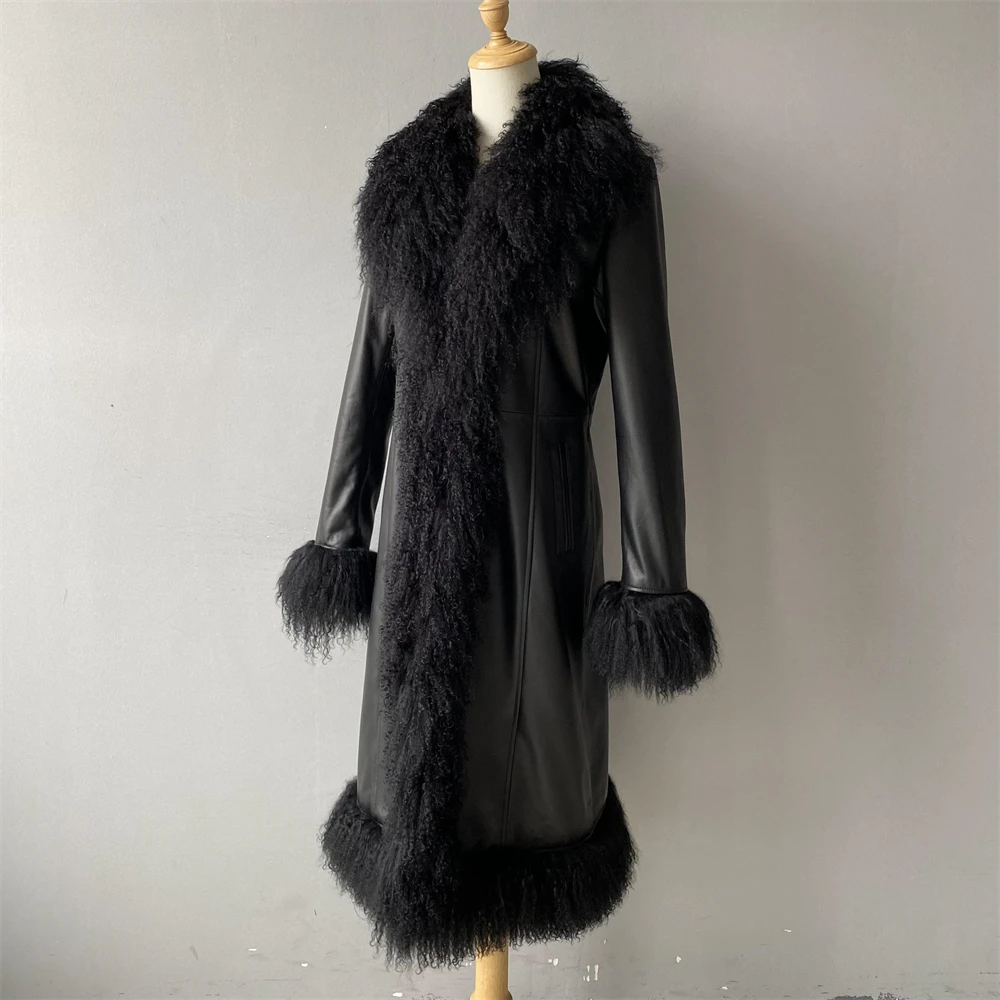 Wholesale Soft Fluffy Mongolian Lamb Fur Collar Outerwear Women Winter Fall Long Genuine Sheep Leather Coats with Fur for Ladies