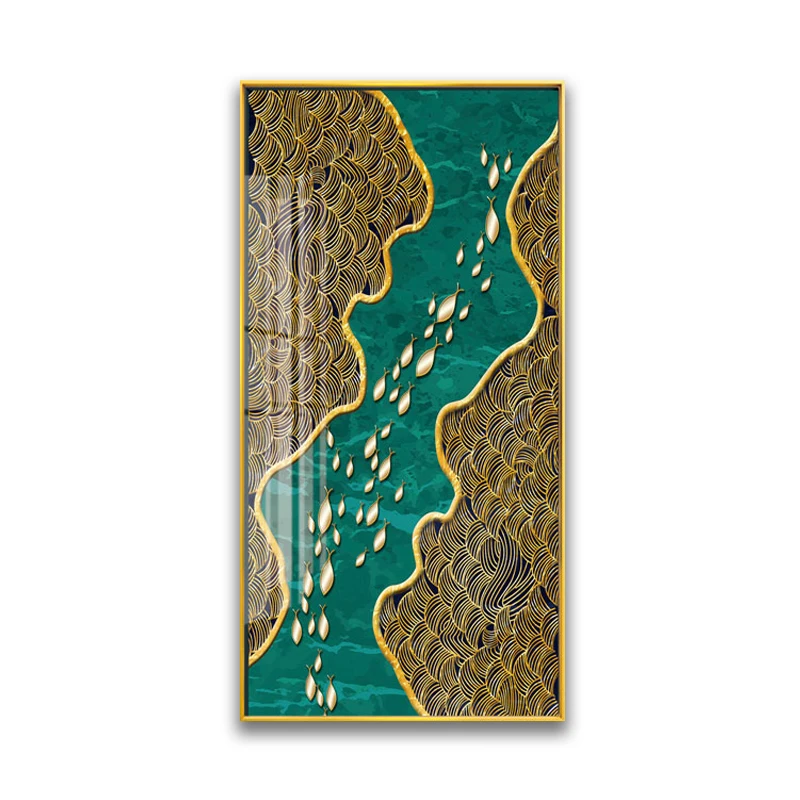 Golden Fish Painting Abstract Modern Style Lotus And Golden Fish Crystal Porcelain Painting For Decor