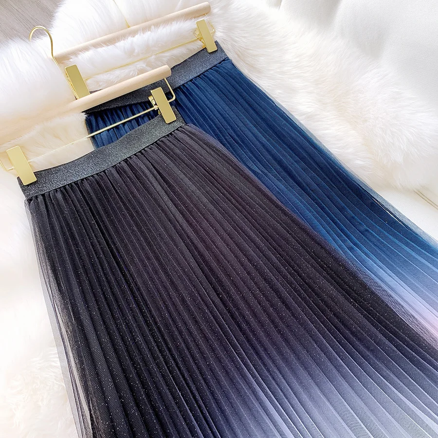 Star Gradient Color Net Yarn Skirt Female 2021 Autumn And Winter Glitter Tulle Pleated Fairy Thin