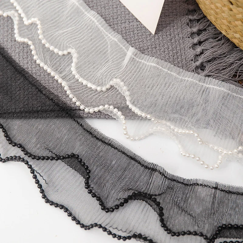 9cm Size Double Layers Pleated Lace Trim White Black Elastic Mesh Pearl Laces Garment Cloth Accessories