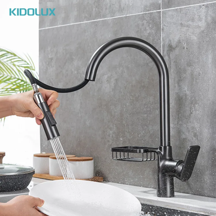 Kidolux Brushed Gold Hot Sales Soap Basket Pull Down Kitchen Faucet Pull Out Kitchen Taps Sink Faucet Hot And Cold Water Taps
