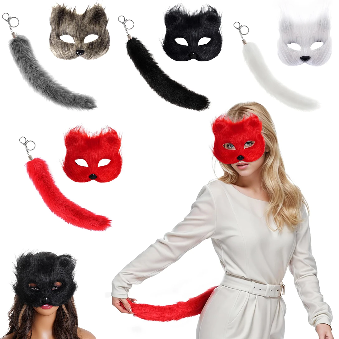 Ladies Sexy Faux Fur Fox Masquerade Mask and Furry Tail Suits Animal Cat Face Mask and Tail Sets for Women Girls Halloween Party