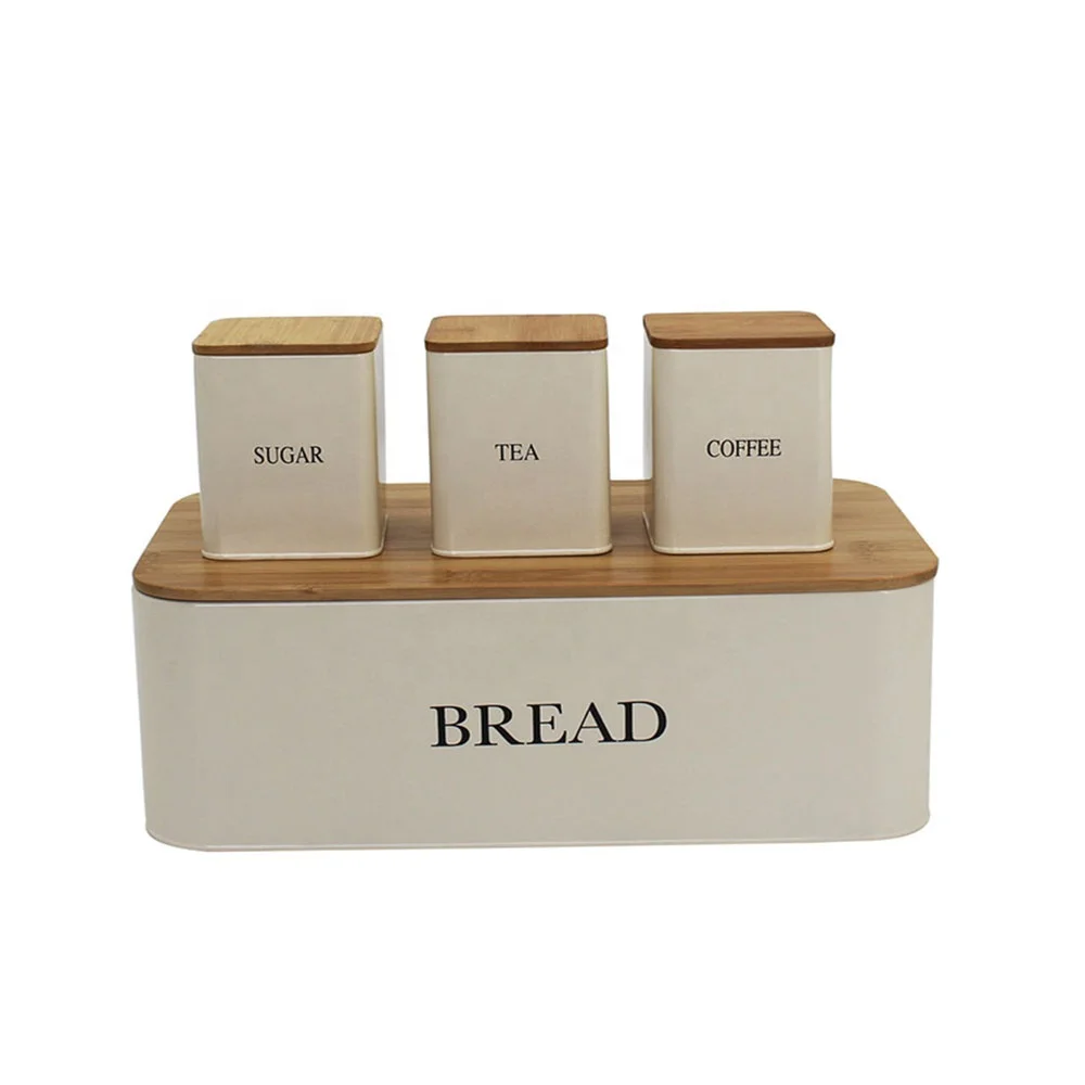 Metal Iron Bread Box and 3-Piece Sugar Tea Coffee Containers Sets Storage Bread Bin Canister Set for Kitchen