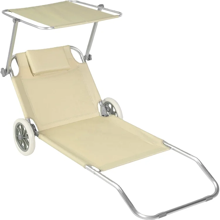 aluminum sun lounger with wheels foldable beach chair with sunshade