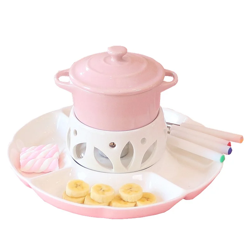 Cute Ceramic Ice Cream Chocolate Or Cheese Fondue Set Removable Fondue Bowl With Lid and Snack Dish