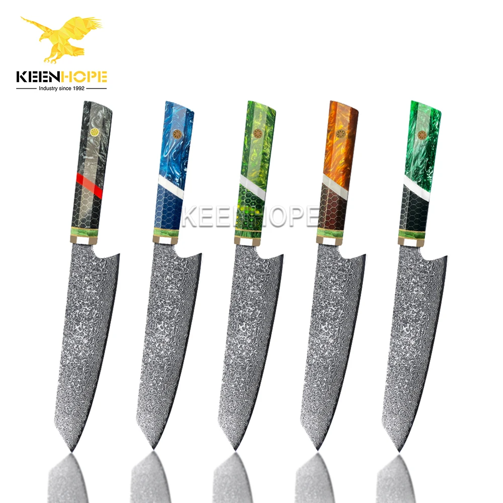 8 inch Kiritsuke Knife Damascus Kitchen Knife 67 Layers VG10 10Cr15CoMoV Colorful Composited Resin And Aluminum Mesh Handle
