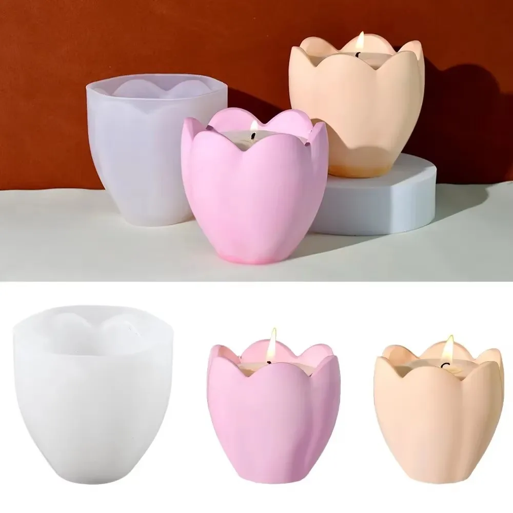 Tulip Candle Holder Mold Flower Home Decor Scented Candles Making Wholesale 3D Resin Soap Gypsum Mold for Candles Molde De Vela