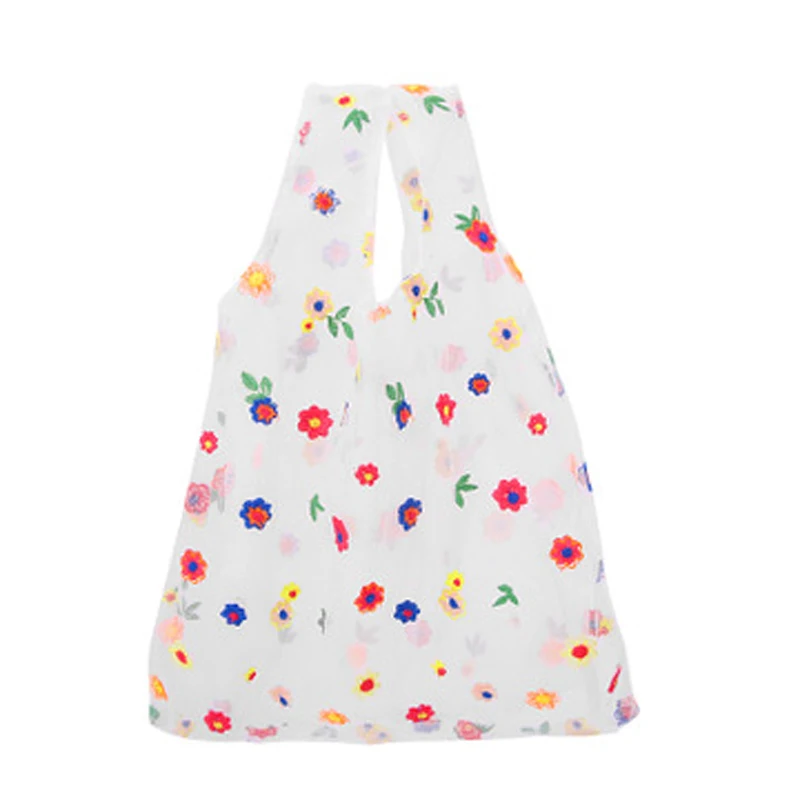 Cute small daisy flower embroidery clutch reusable grocery bags foldable organza tote bag