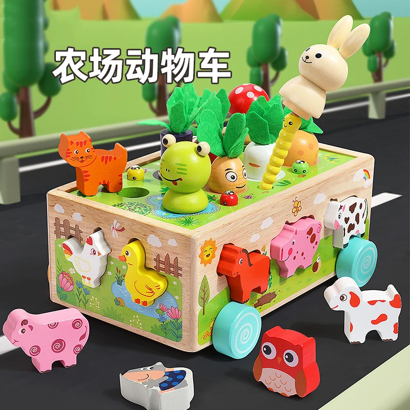 Happy Farm Kids Wooden Early Education Animal Shape Sorter Blocks Car Carrot Harvest Game Fishing Catching Insects Learning Toy