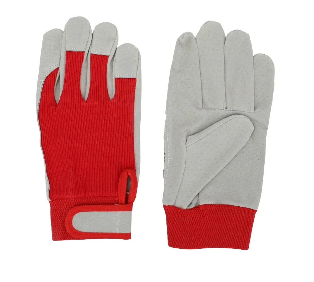 Pig Leather and Red Cotton Shell Working Woman Size large Cut Resistant Gloves for Garden