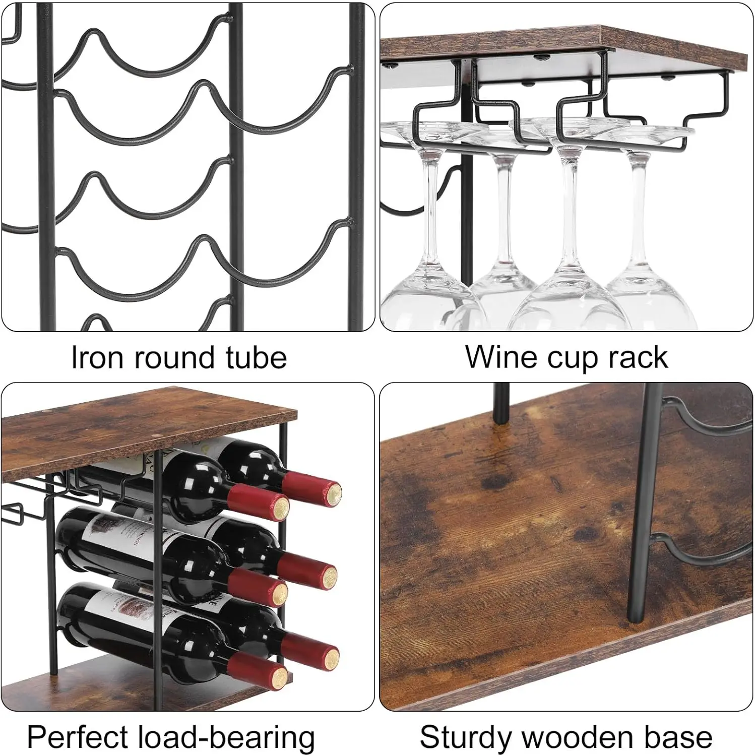 Wine Rack Countertop Wine Holder Stand for 6 Wine Bottles and 4 Glasses