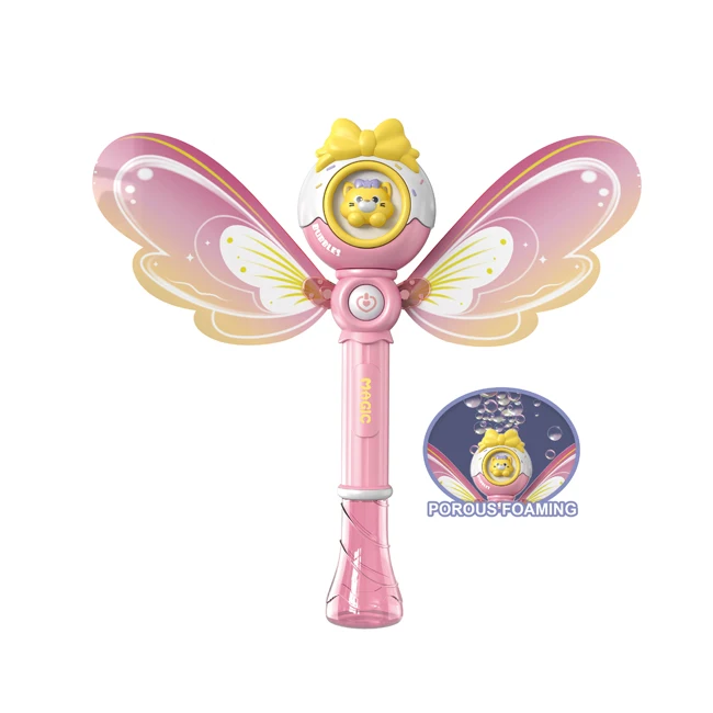 Kids outdoor electric one click start cartoon angel bubble wand toys with light bubble stick toy