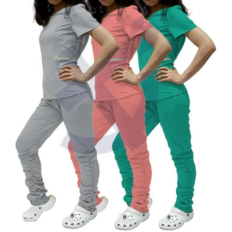 High Quality Nurse Joggers Uniforms Scrubs Wholesale Women Stacked Pants Scrubs Sets With Logo