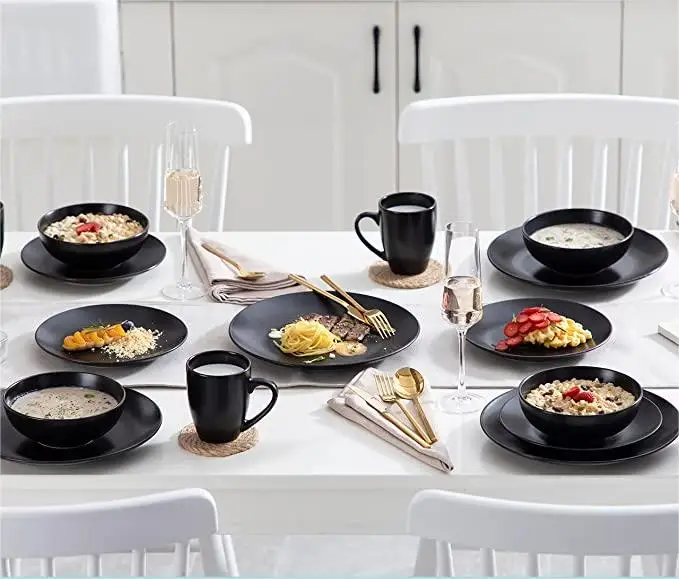 Soho Stoneware Square Dinner Set Black 16 Piece Kitchen Dinnerware Service Plate Crockery Set with 16 Pieces