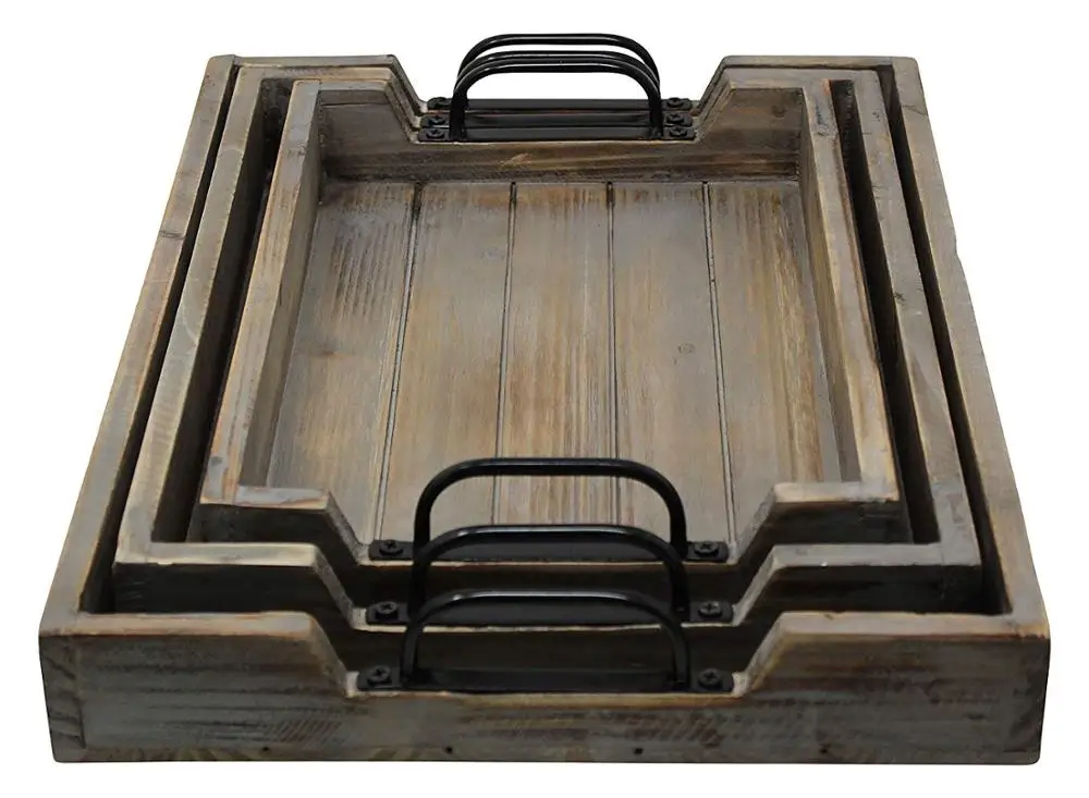 3 piece Decorative Nested Vintage Wood Serving Tray Set For Coffee Table or Ottoman