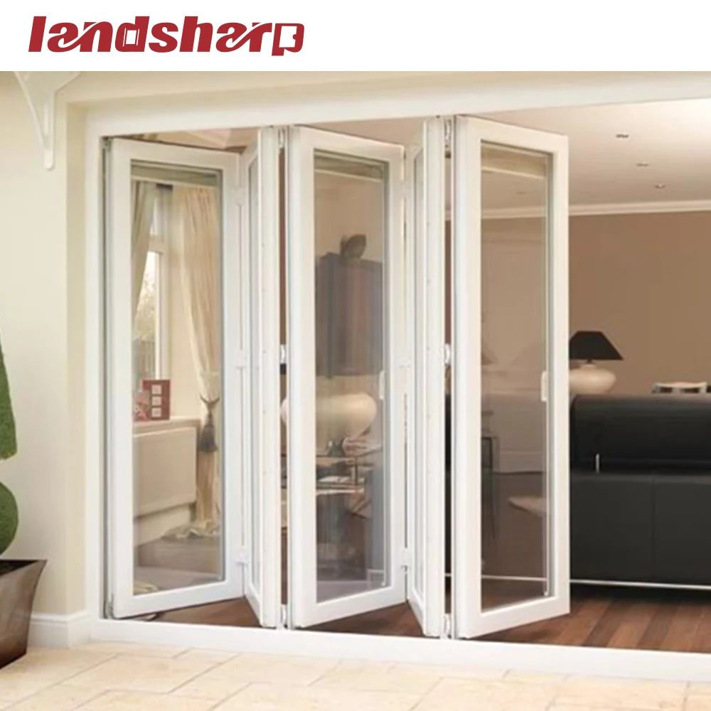Landsharp Latest Design Interior Accordion Ribbed Glass Accordion Aluminium Profile Folding Bifold Patio Doors