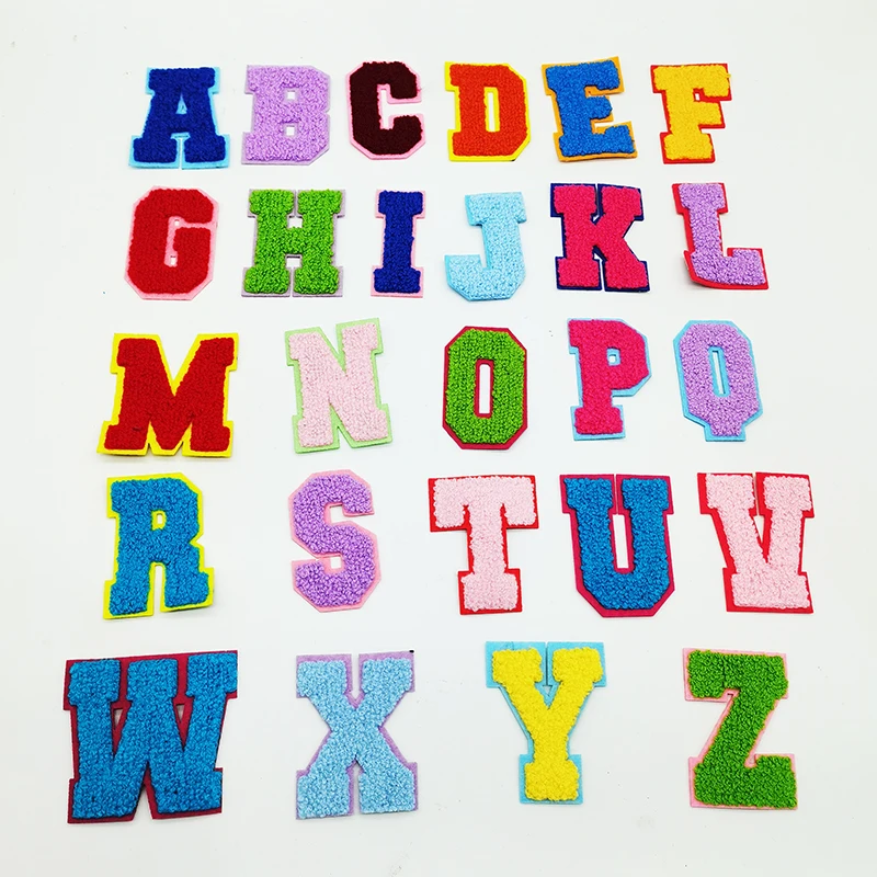 26 alphabets heat press backing colorful towel chenille letter patch iron on chenille patches for garment hat hoodie