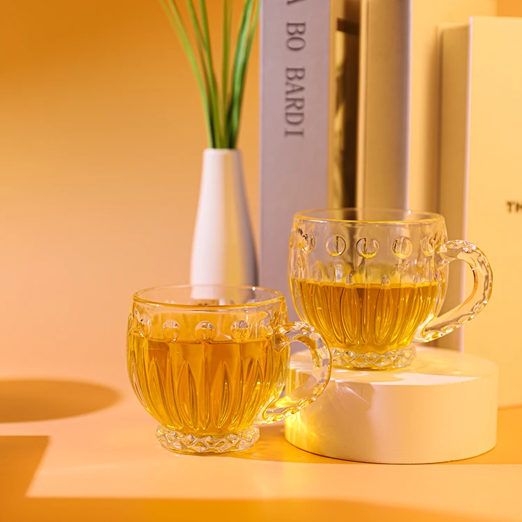 Blinkmax handle transparent custom engraved dimpled glass tea mug simple drink logo round mouth light luxury creative glass cup