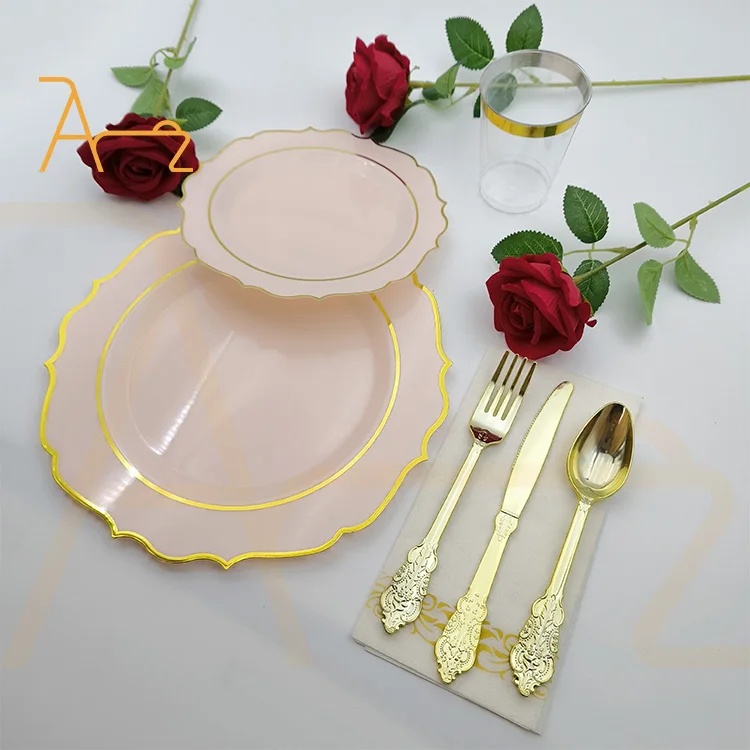 Wholesale pink plastic dinner charger plates dinnerware sets with napkin spoon fork knife cup party supplies disposable plates
