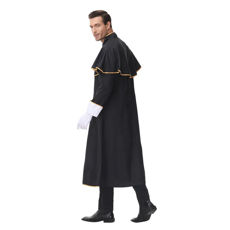 2024 Fancy Religious Pastor Cosplay Black Noble Priest Father Robe Halloween Party Clothing Adult Medieval Costume for Men