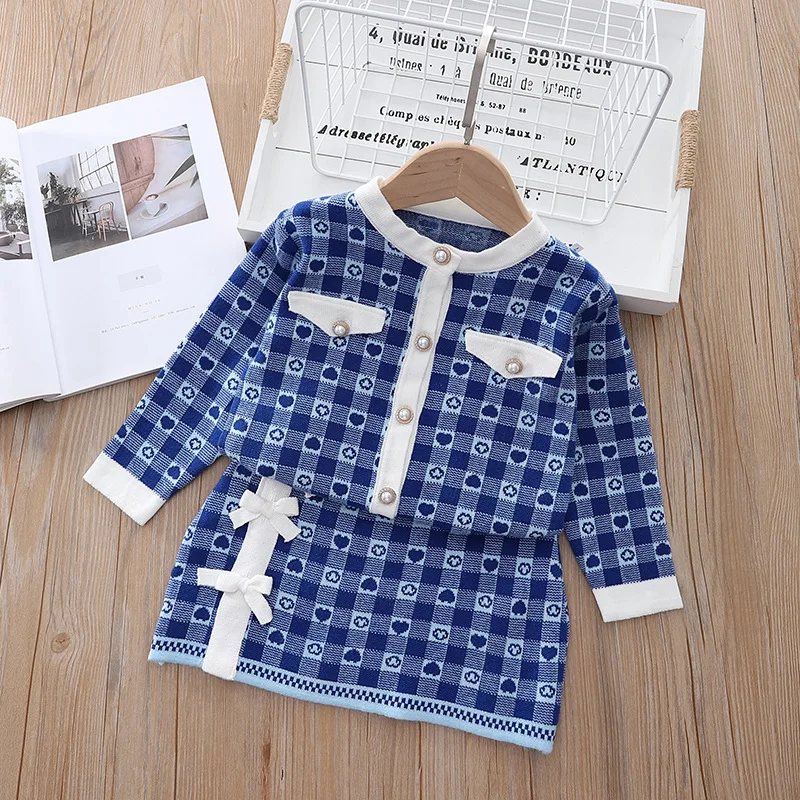 Autumn Toddler Baby Kids Girls Clothes Sets Long Sleeve Hairball Knit Tops Sweater+button Mini Skirt Warm Outfits Sets