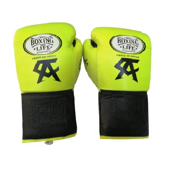 Neon Green Boxing Sparring Gloves Top Quality Printed Design Cow Leather Cowhide Leather Universal Size