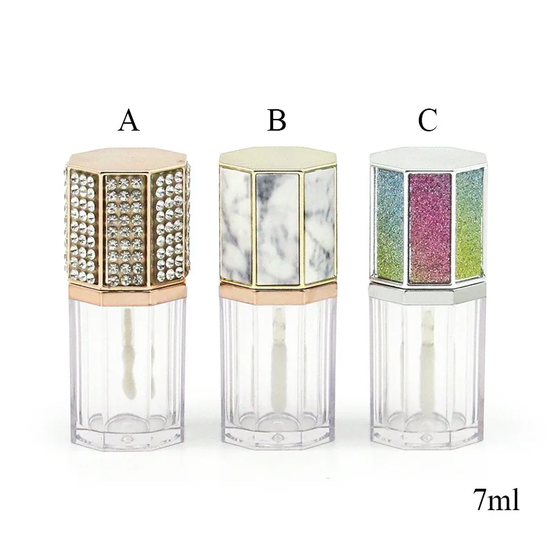 Short and Fat Lip Gloss Tube with Marbling and Diamond Wholesale Octagon Lip Gloss Tube/container with Brush/wand