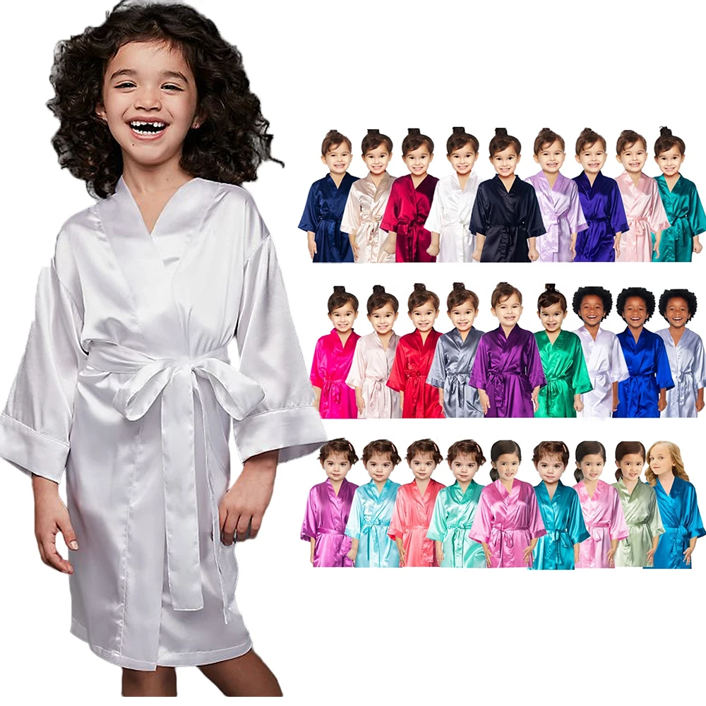 Hot Selling Cute Girls Kids Spa Satin Kimono Robes Bridesmaid Birthday Nightdress Wedding Party Princess Flower Girl Robe