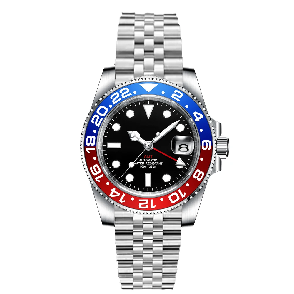 Luxury Men Mechanical Watch Genuine Sapphire Waterproof 10ATM Steel Strap GMT NH34 Automatic Business Watch Montre Homme