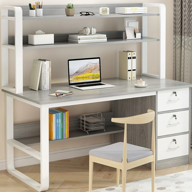 Modern Furniture Metal And Wooden Computer Table And Student Study Writing Desk With Drawer and Bookshelf For Home Office