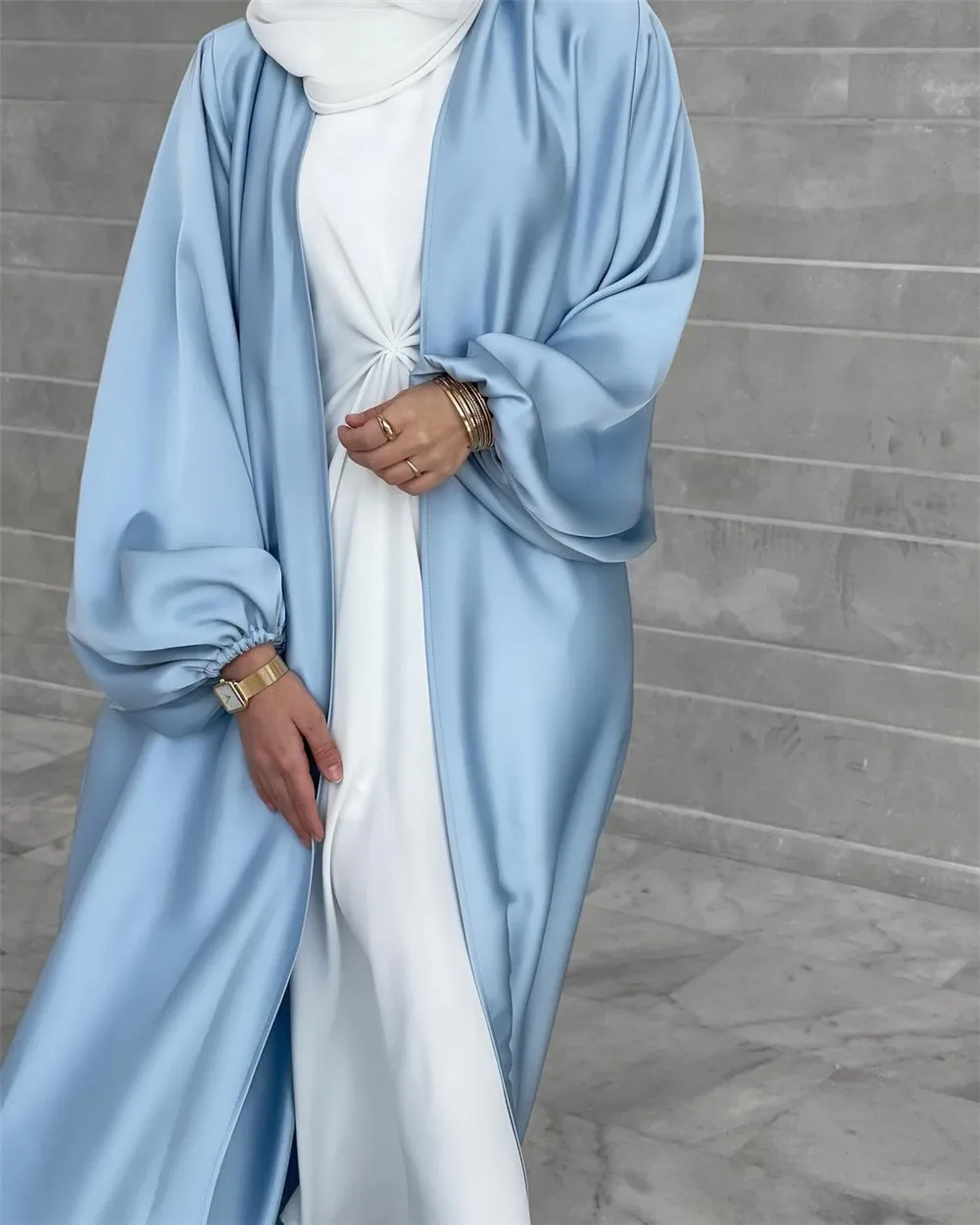 2022 muslim women dress Puff Sleeve Cardigan  Long Sleeve Fancy Drawstring Monochrome Silk Robe