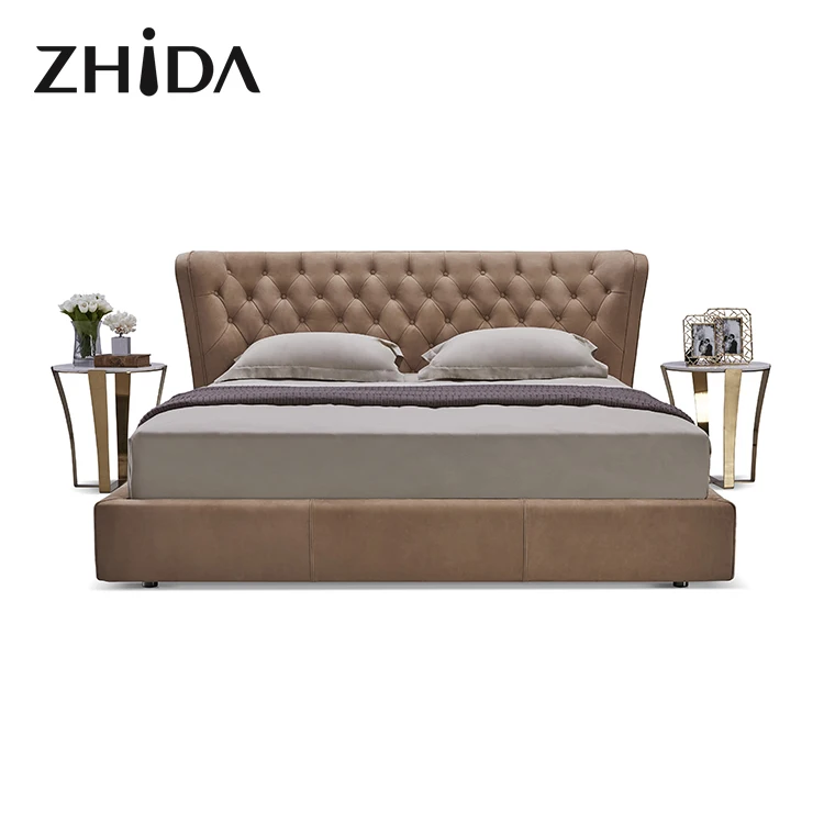 Zhida wholesale bedroom furniture wooden light luxury king queen size chesterfield beds furniture