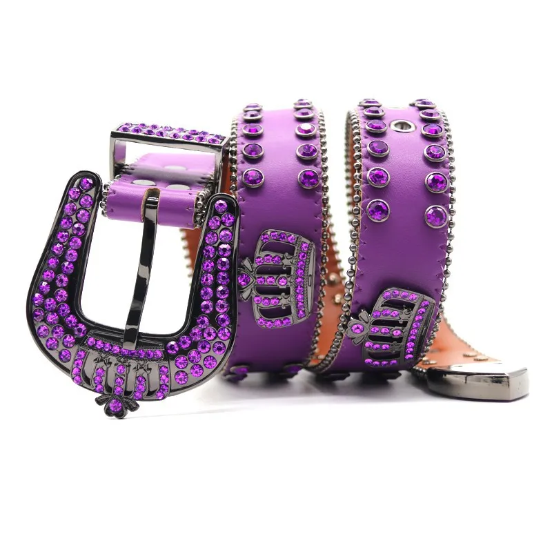New Arrival Royal Crown Buckle PU Rhinestone Belt Punk Studded Purple Diamond Woman Belts