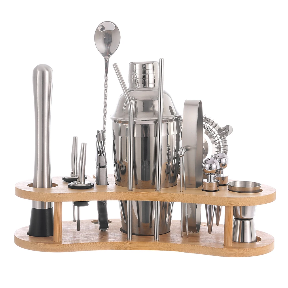 Hot Sale Cocktail Accessories 550 ml Cocktail Shaker Set 16 Piece Stainless Steel Bartender Kit With Bamboo Stand