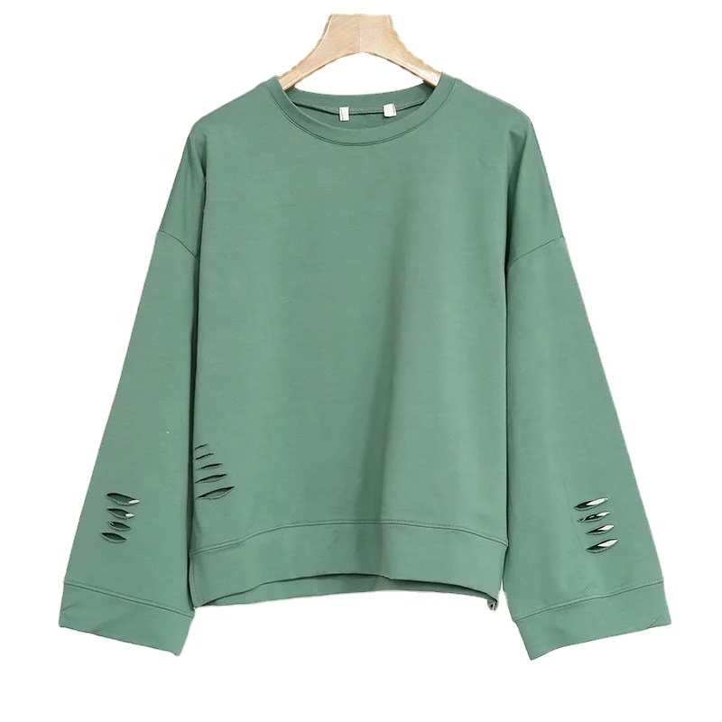 New Fashion French Terry Hollow Crewneck Custom Oversized Plain Hoodie Retro Ripped Pullover Olive Green Sweatshirt for Women