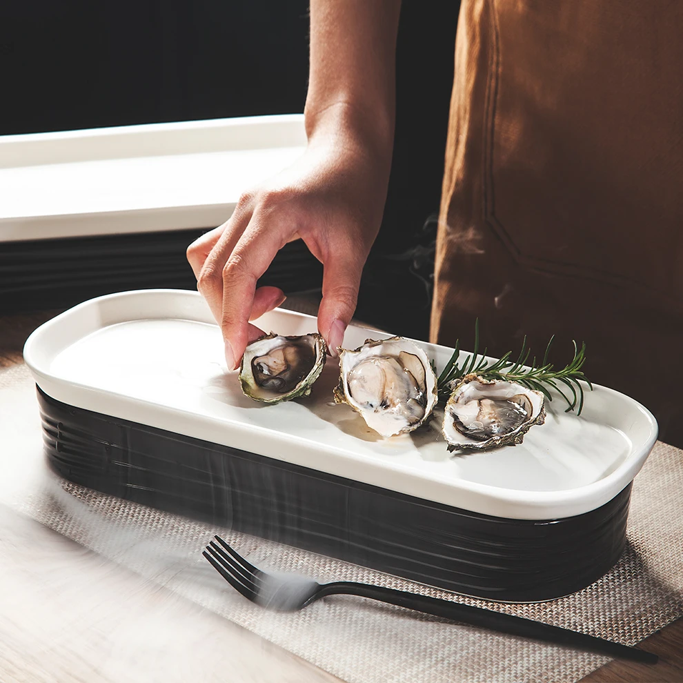 Jiujiuju  Factory Vajilla Set Ceramic Black Japanese Tray Oblong  Rectangular Dry Ice Porcelain Plate For Salmon Oyster Sashimi
