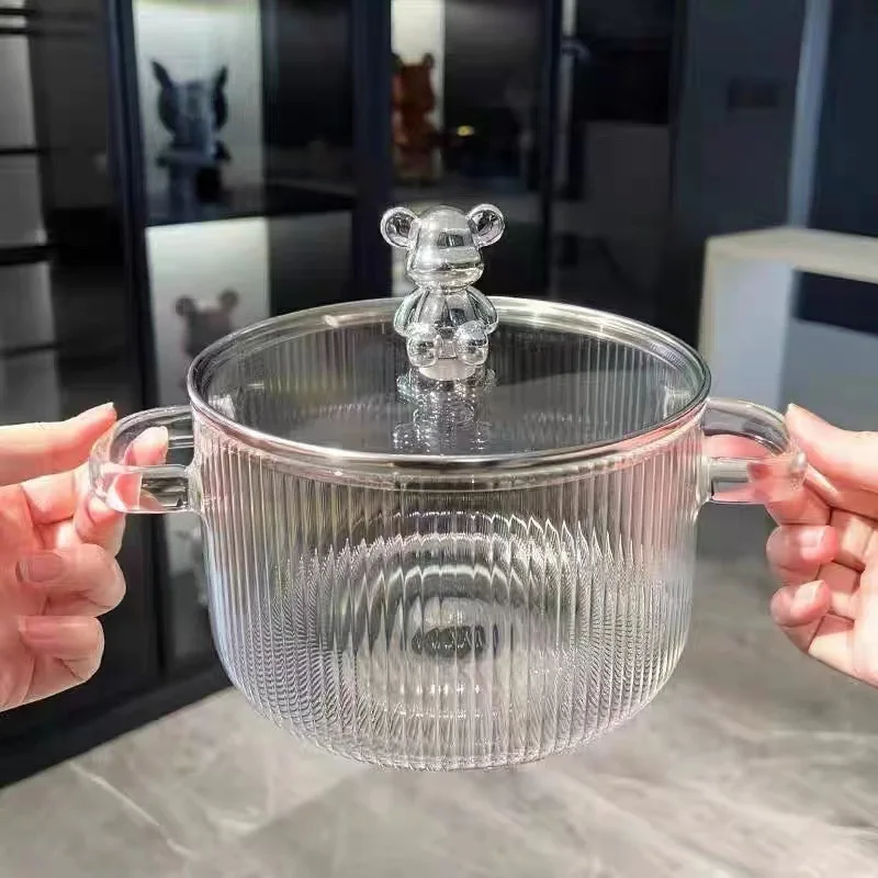 1.5L  Transparent heat-resistant bear vertical stripes cooking pot glass pot cooking glass cooking pot