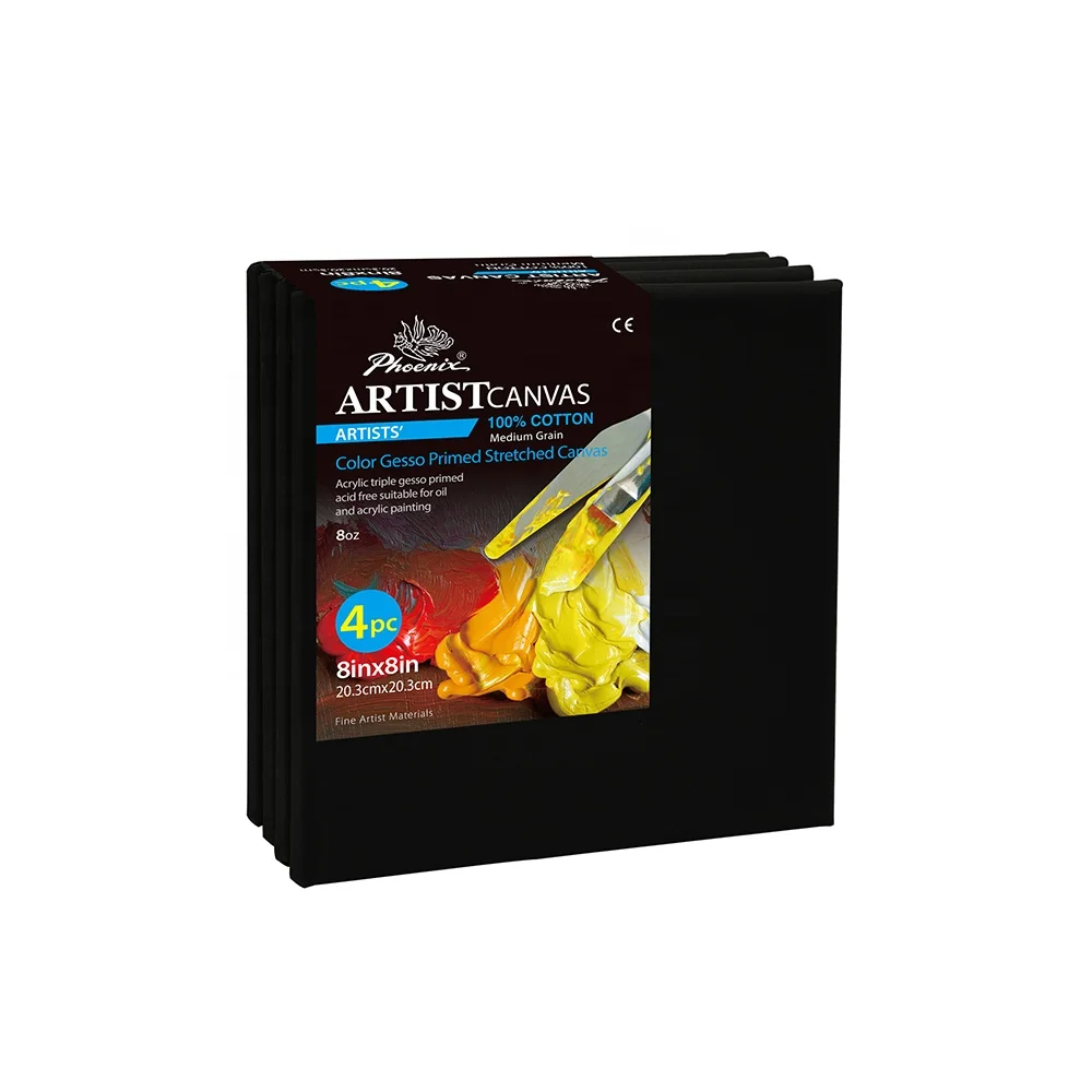 Phoenix 8X8 Inch 4 Pieces Pack Square Wood Frame Stretched Mini Artist Black Canvas for Painting