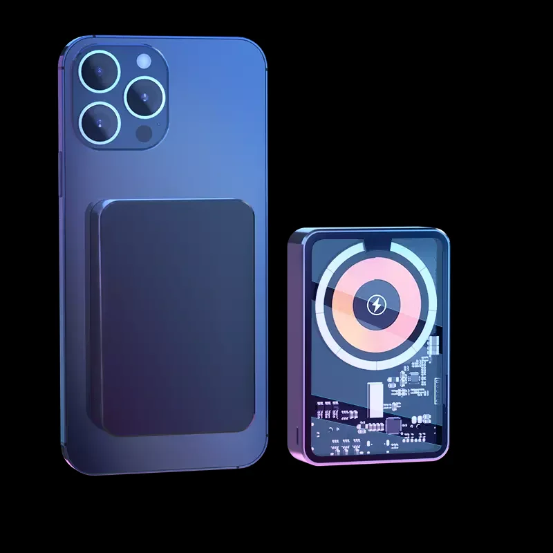 Magnetic Wireless Charging Power Bank 10000mah Metallic Feel Visible Body Transparent Cover Portable Mini Wireless Power Banks