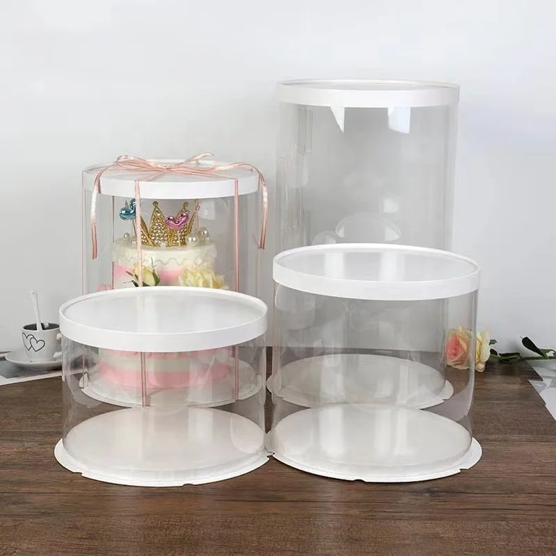 
transparent clear plastic cake box with ribbon and print flower round gift box wihte black blue pink gold silver 