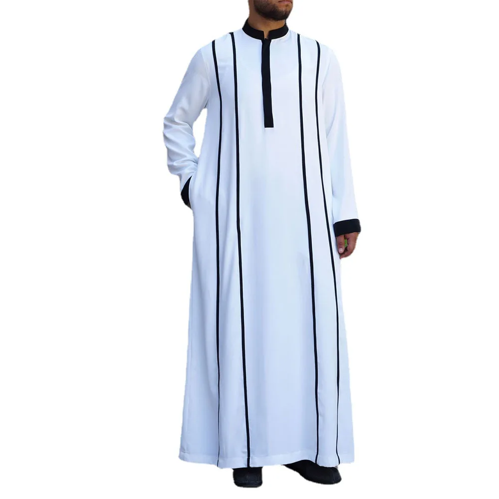 Muslim Prayer Abaya Patchwork European and American Double Stripe Man Full Length Loose T Shirts thobe men muslim