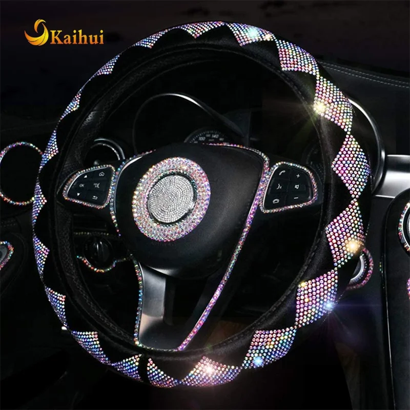 Sparkly Diamond Bling Steering Wheel Cover for Women Rhinestone, 14.5-15 inch Colorful Crystal Velvet Anti-Slip Wheel Protector
