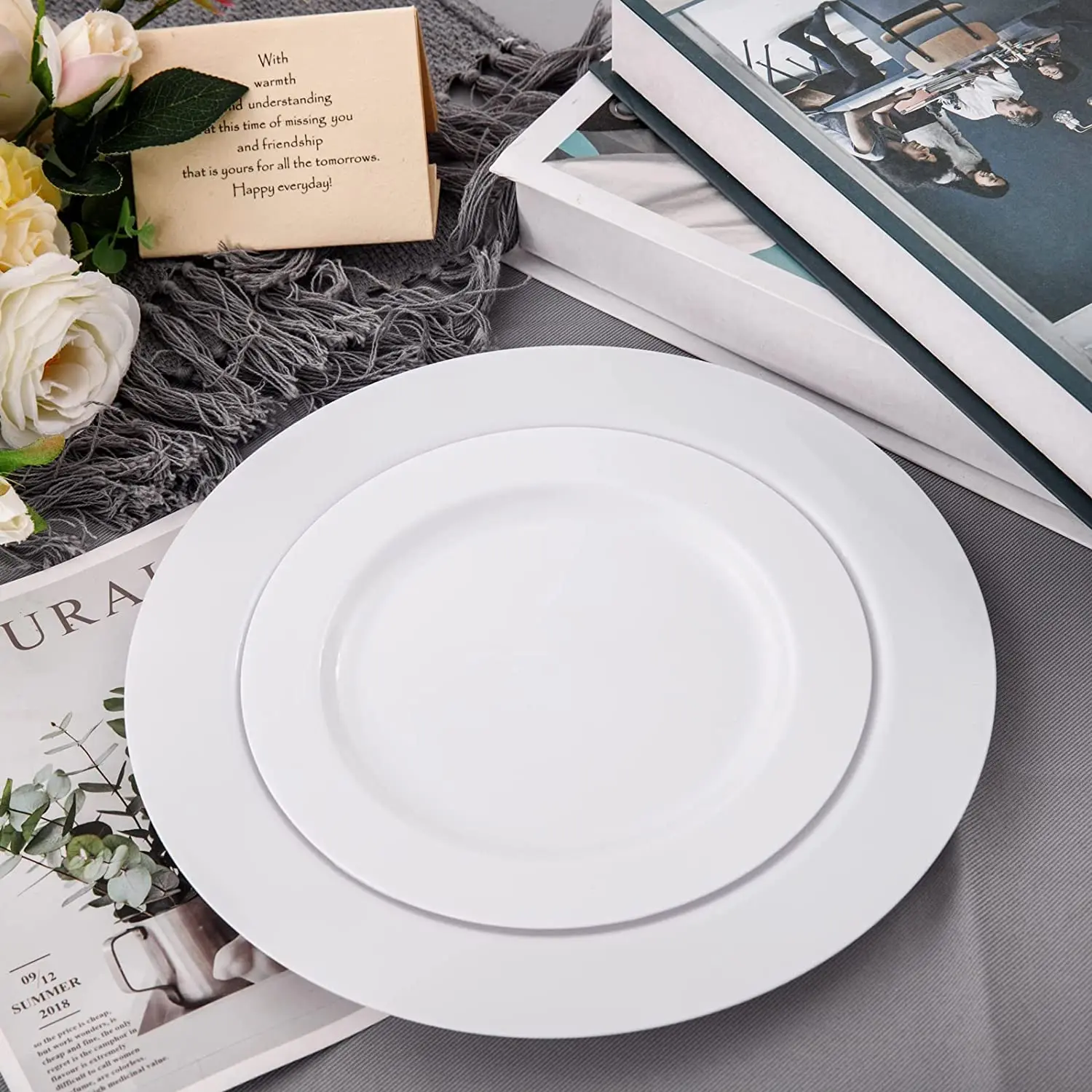 White Plastic Dinner Plates 10.25 Inch, Premium Disposable Plates, Safe and Reusable, Great for Party
