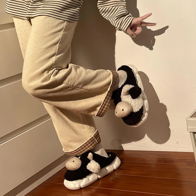 Korean Version Casual Cute Cartoon Milk Cow Cotton Female Winter Students Home Non-Slip Warm Wool Plush Slippers Shoes